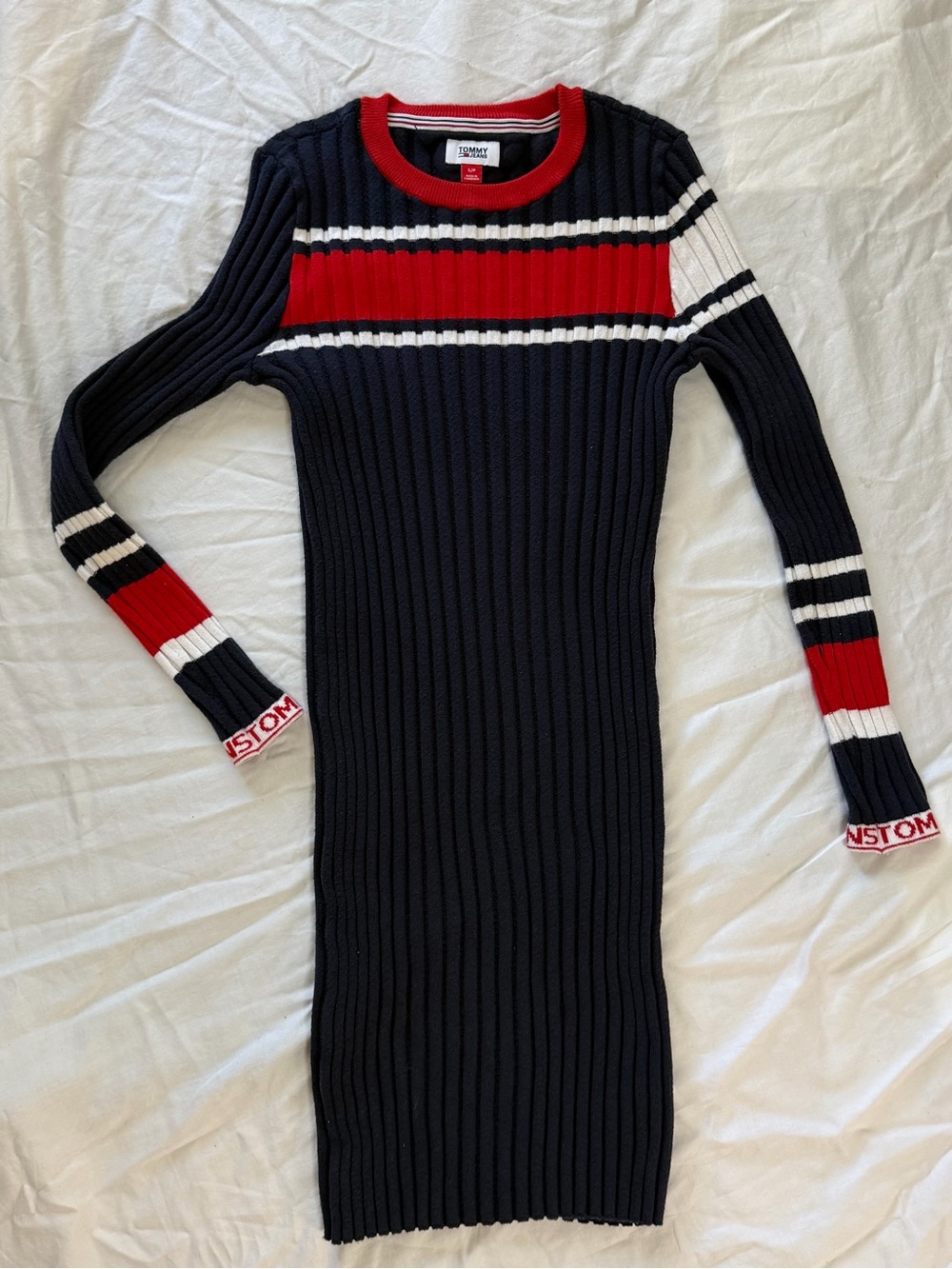 Tommy Jeans Ribbed Knit Bodycon Mini Dress Navy Red White Size S